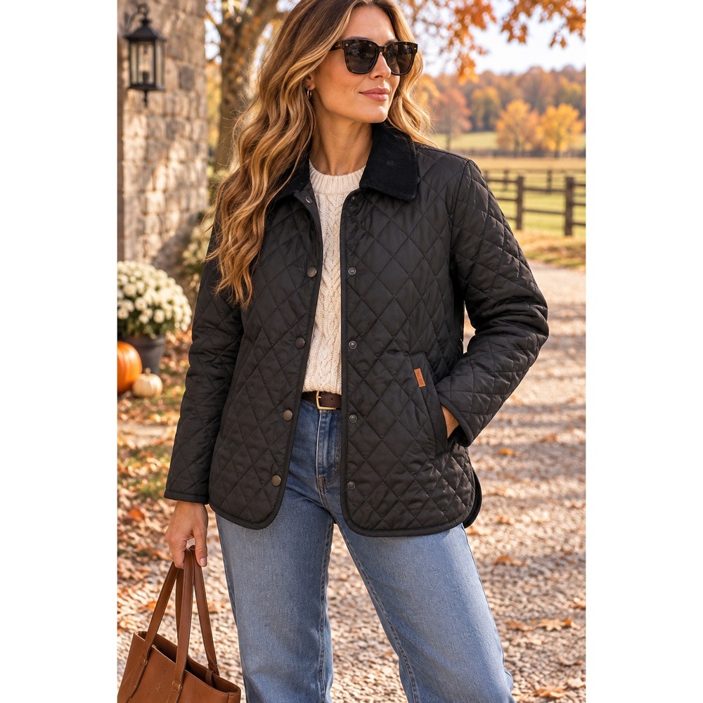 Brixton Quilted Barn Jacket Black Corduroy Collar Equestrian Preppy Chic Sz M